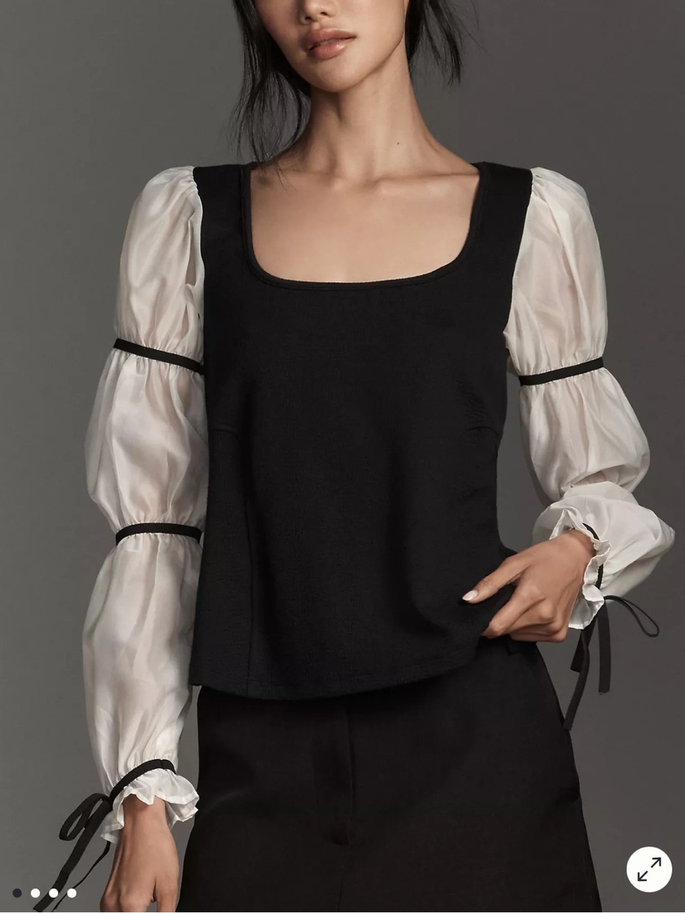 Anthropologie Black Top with White Puff Sleeves